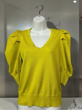DKNY, Puff Sleeve Knit Sweater, Bright Yellow, V-Neck Rayon Blend Top, Medium